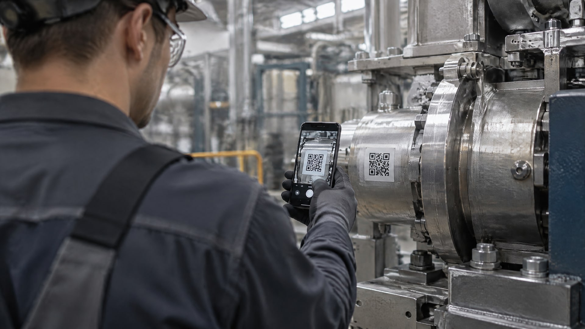 Рабочий сканирует смартфоном QR-код на детали станка, чтобы отличить оригинал герметика.