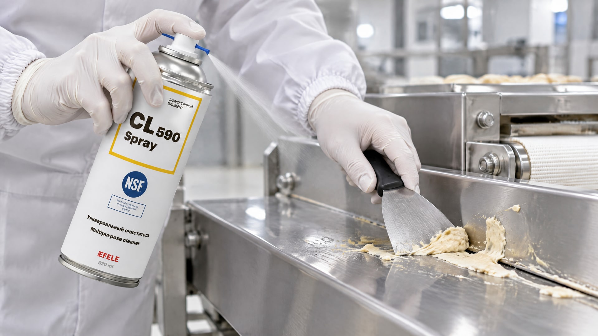 Рука в перчатке наносит EFELE CL-590 Spray (универсальный, пищевой NSF H1) на оборудование